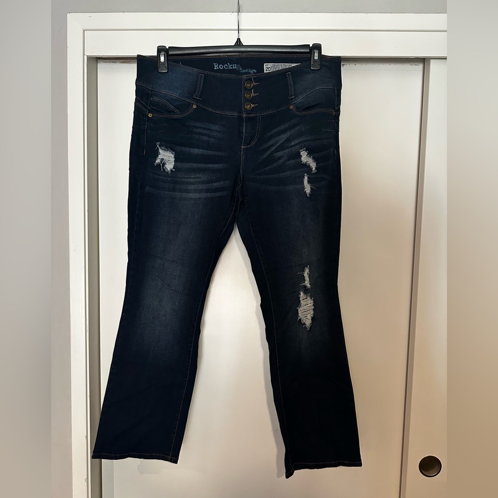 Blue Boot Cut Jeans with Distressed Details